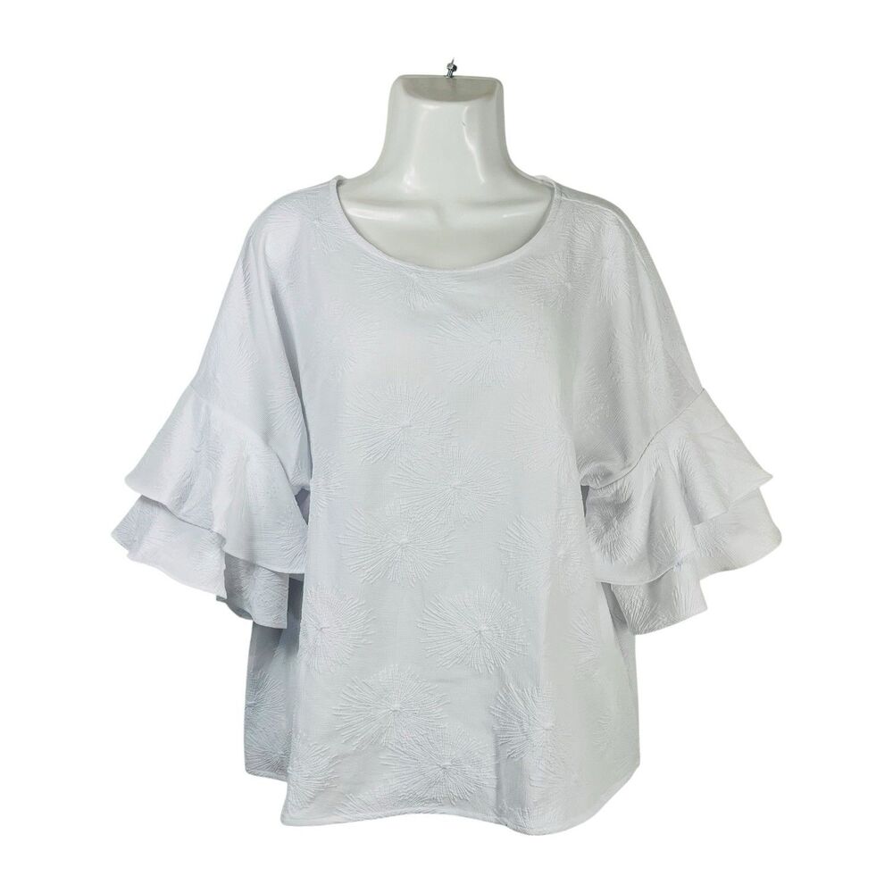 Liz Claiborne PXL Women's Blouse White Textured Ruffle Sleeve Boho Top Chic